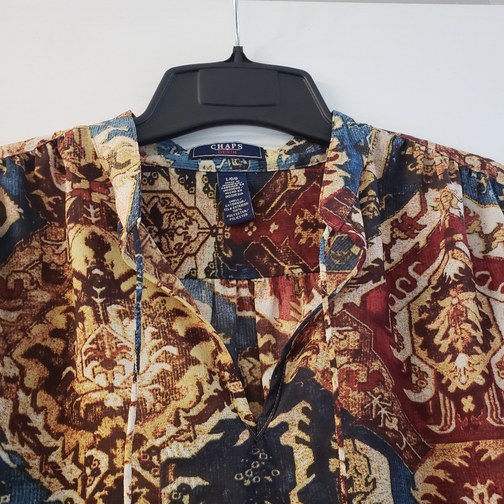 Chaps Pull Over Patchwork Look Blouse With Tie. L - image 8